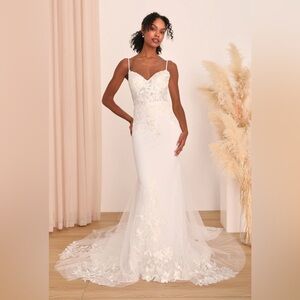 Lulus Everlasting Affection White Lace Backless Mermaid Maxi Wedding Dress